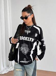 StreetHx Letter Print Mesh Contrast Drop Shoulder Long Sleeve T-Shirt For Women Graphic Tees Women Tops For Spring Fall Cloth For Women - Black - View 3