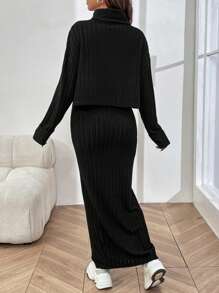 SHEIN 2pcs Set Pregnant Women Rib Knit Maxi Skirt - Black - View 2