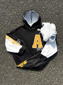 SHEIN 2pcs Tween Boy Letter Graphic Print Hoodie And Sweatpants Set - Black - View 1