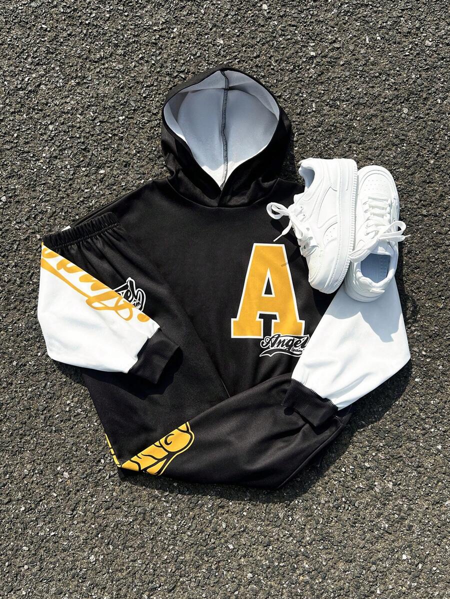 SHEIN 2pcs Tween Boy Letter Graphic Print Hoodie And Sweatpants Set - Black - View 1
