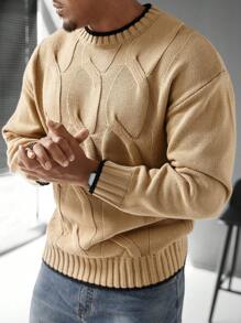 Manfinity Homme Men's Casual Contrast Binding Cable Knit Long Sleeve Color Block Sweater, For Vacation - Apricot - View 3