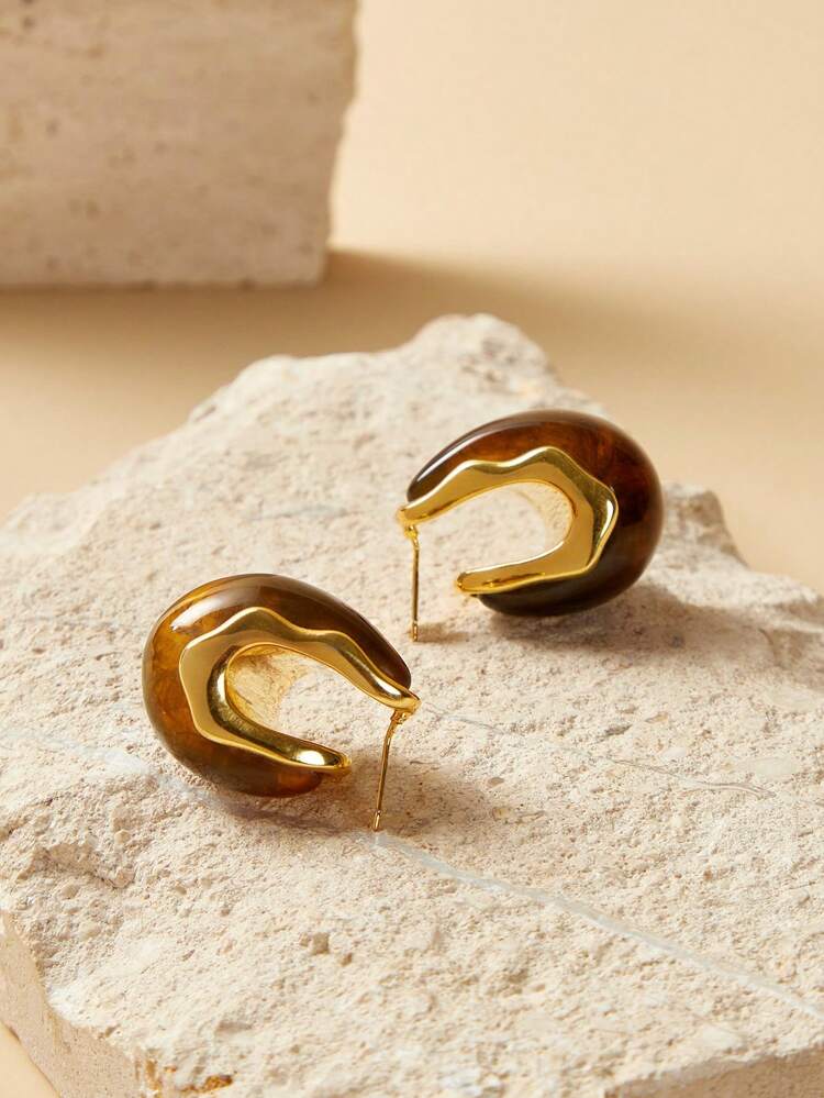 18k Gold Plated Vintage Teardrop-Shaped Amber Earrings