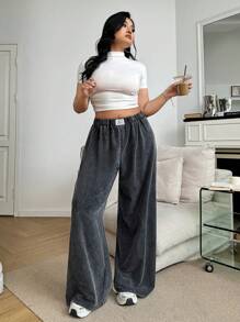 SHEIN EZwear Plus Size Washed Acid Washed Loose Baggy Pants, Versatile - Black - View 4