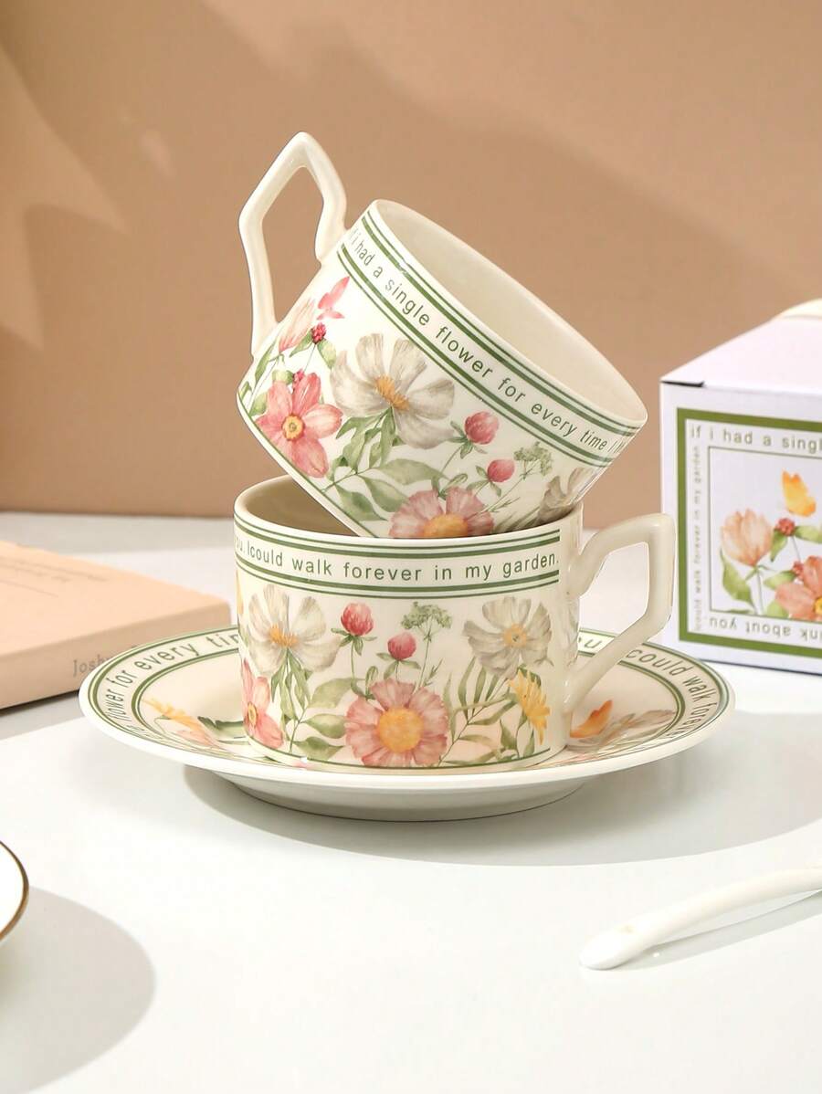 1 Conjunto Xícara de Café, Conjunto de Xícaras de Chá e Pires Conjunto, Prato de Cupcake de Chá da Tarde, Caneca, Xícara Vintage de Cerâmica, Adequado para Beber Chá, Café, Festa e Presente de Feriado, Estilo Campestre Natal para Presentear em Feriados - Multicolorido - Visão 1