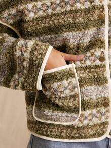 WESTFADE 春季多条纹图案对比滚边漏斗领长袖轻质羊羔绒泰迪夹克 - 彩色 - 查看 2