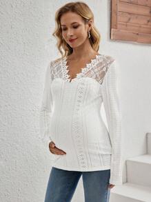 SHEIN Maternity Casual Solid Color Lace Patchwork Fitted T-Shirt, Autumn - White - View 3