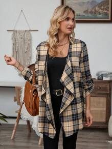 EMERY ROSE 女式格子印花翻领卷袖休闲夹克