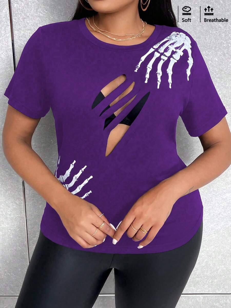 SHEIN Unity Plus Size Round Neck Short Sleeve Floral Hollow-Out Simple Casual Top - Purple - View 1