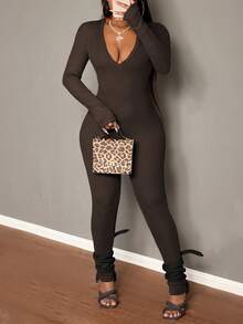 Slaydiva Bộ đồ liền quần bó cổ chữ V đơn giản màu cà phê, Thu/Đông - màu nâu - Xem 3