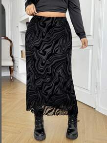 SHEIN EZwear 1 pièce Jupe évasée à motif en maille floquée doublée pour femme grande taille, noire, pour l'été