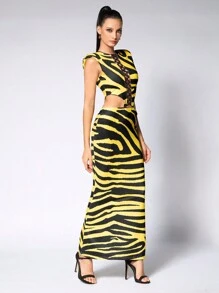 JIAN LASALA Vestido maxi casual de mujer en color amarillo mantequilla con cuello redondo, sin mangas, con bloque de color, estampado de rayas de cebra texturado, abertura en el muslo y espalda descubierta. Vestido de verano, vestido de fiesta, vestido para boda de invitada.