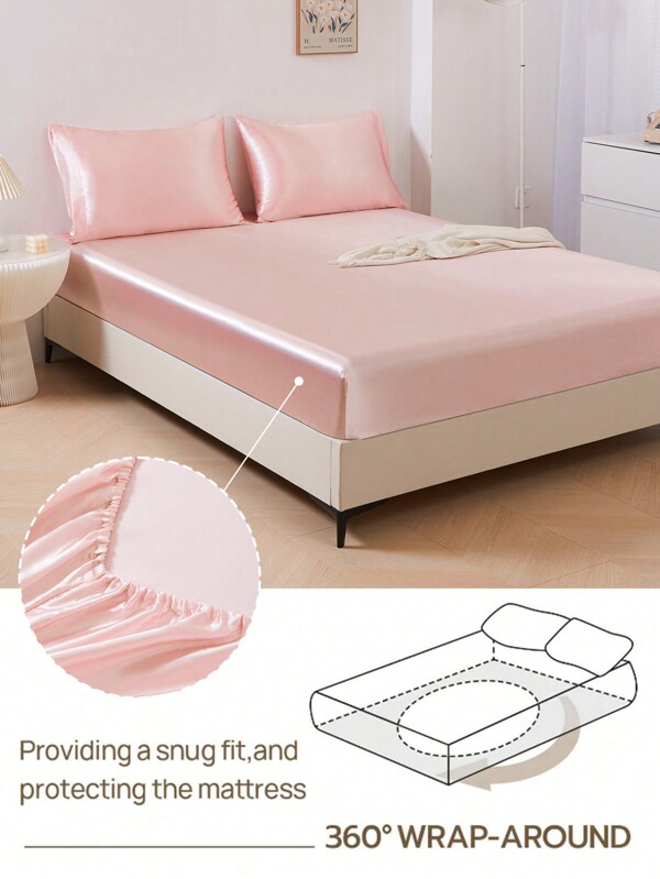 1pc Light Pink Premium Silky Satin Fitted Sheet, Easily Fits 15 Inch To 17 Inch Mattress,Soft Breatheable Wrink-Free Better For Sleep, Luxury Hotel Style, Fully Elasticized,Deep Pocket,For All Size Bed -Twin, Full, King, Queen Size Sheet., For Home Bedding And School Bedding Dorm Essentials, Oeko-Tex Certified