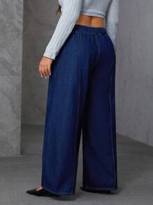 SHEIN Essnce Plus Size Women Loose Fit Pockets Wide Leg Casual Versatile Denim Jeans - Blue - View 4