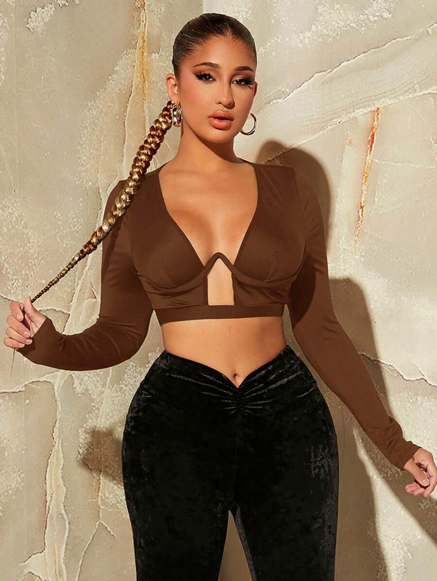 SHEIN SXY 秋季女士纯色深 V 领长袖镂空修身性感 T 恤 - 棕色 - 查看 1