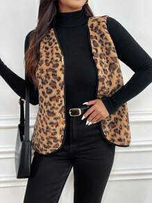 SHEIN Frenchy Plus Size Leopard Print Sleeveless Casual Jacket, Autumn/Winter - Multicolor - View 5