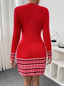 SHEIN Clasi Women Geometric Pattern Round Neck Long Sleeve Slim Fit Sweater Dress, Autumn/Winter For New Year Clothes Fall Cloth For Women - Red - View 2