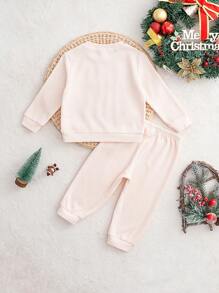 Cozy Pixies 2 件套男婴儿童字母图案圆领毛衣和长裤衣服套装，圣诞装 - 杏色 - 查看 2
