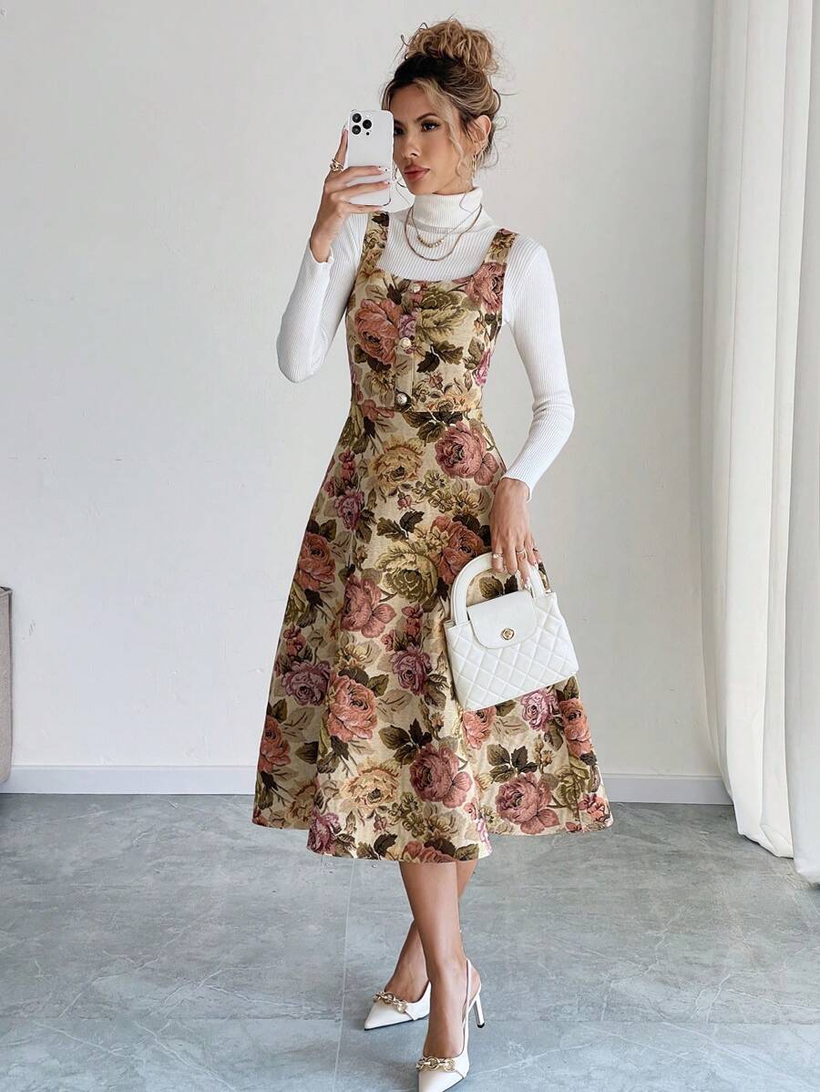 SHEIN Clasi Váy midi chữ A in hoa cổ điển có quai đeo có thể điều chỉnh dành cho nữ, trang phục Maxi giản dị và thanh lịch dành cho nữ - Nhiều màu - Xem 1