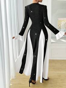Calvaya Women's Elegant Glitter Splice Hem & Cuff Long Sleeve A-Line Dress, Autumn/Winter Maxi Women Outfit