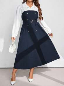 Calvaya Plus Size Solid Color Patchwork Front Button Long Sleeve Simple Casual Dress Maxi Women Outfit Fall Cloth For Women