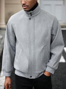 Manfinity Homme Men's Mature Casual Grey Stand-Up Collar Zip-Up Jacket, Stylish And Handsome, Long Sleeve Fall/Winter, Winter Men Jacket, Going Out Fashion Light Grey Overcoat, For Friends, Husband, Boyfriend Gifts - Grey - View 4