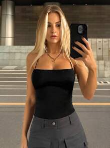 SHEIN EZwear 露背繫帶吊帶連體衣 - 黑色 - 查看 6