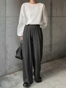 FRIFUL Women Solid Color Straight Knit Pants, Casual Style For Autumn/Winter - Dark Grey - View 2