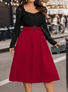 SHEIN Clasi Vestido largo de fiesta de línea A con estética ajustada, de manga larga, cuello cuadrado y encaje para mujeres de talla grande, para otoño/invierno