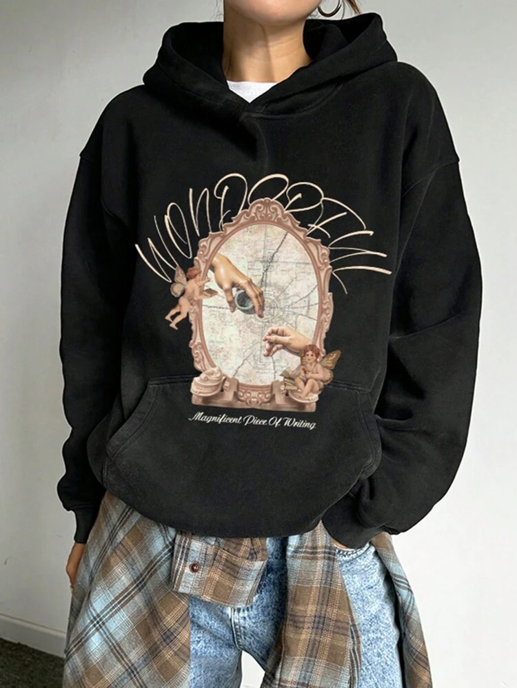 Women's Patterned Oversized Print Loose Fleece Hoodie Sweatshirt,Winter