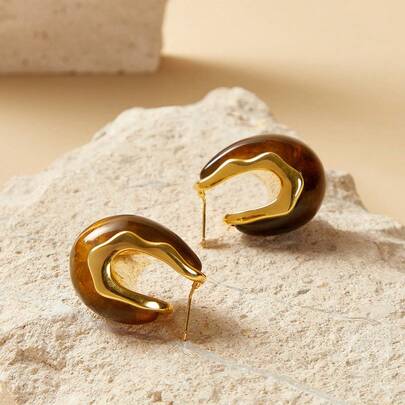 Anewsta 18k金鍍復古水滴形琥珀耳環