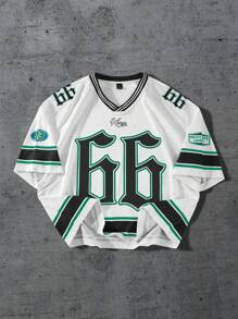 PAVTROS 男士条纹拼接数字印花短袖T恤，休闲日常穿着，图案T恤，图案T恤，图案男士T恤 - 彩色 - 查看 1