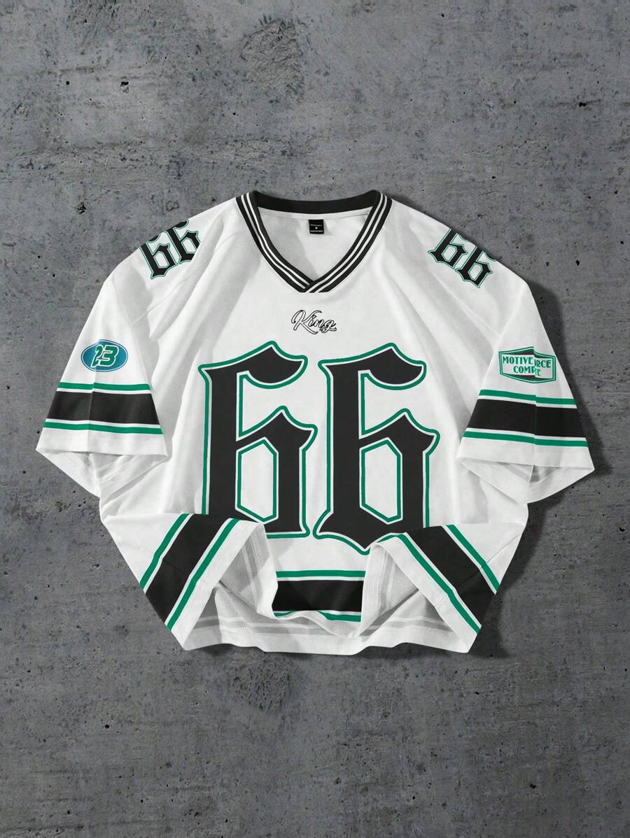 PAVTROS 男士条纹拼接数字印花短袖T恤，休闲日常穿着，图案T恤，图案T恤，图案男士T恤 - 彩色 - 查看 1