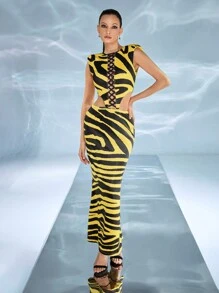 JIAN LASALA Vestido maxi casual de mujer en color amarillo mantequilla con cuello redondo, sin mangas, con bloque de color, estampado de rayas de cebra texturado, abertura en el muslo y espalda descubierta. Vestido de verano, vestido de fiesta, vestido para boda de invitada.