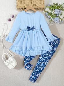 SHEIN Bộ 2 món/Bộ áo thun bo gấu trang trí nơ thường ngày cho bé gái & quần legging họa tiết hoa nhỏ nhắn, mùa thu - Rửa nhẹ - Xem 1