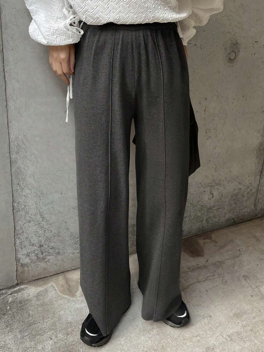 FRIFUL Women Solid Color Straight Knit Pants, Casual Style For Autumn/Winter - Dark Grey - View 1