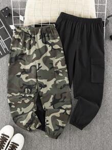 SHEIN Leap Crew 2 件套儿童/青少年男孩休闲迷彩印花和纯色贴袋宽松抽绳裤，2 件套，适合学校、花园、海滩、生日派对、春季、夏季、秋季、冬季 - 彩色 - 查看 2