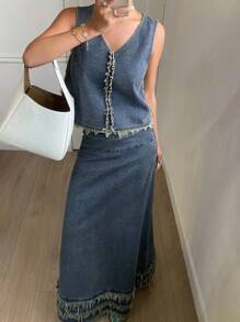 DAZY Women Denim Vest And Frayed Hem Denim Skirt Set - Medium Wash - View 3
