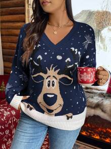 Calvaya 大码 V 领长袖图案细节休闲套头毛衣