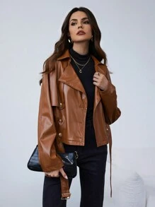 SHEIN Privé Women's Retro Solid Color Collar Jacket, Fashionable For Autumn - Brown - View 5