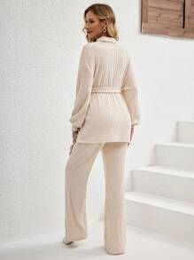 SHEIN 2 件套孕妇休闲纯色立领长袖上衣和裤子套装，舒适休闲 - 杏色 - 查看 2