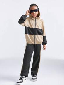 SHEIN Tween Girls Solid Color Splice Front Zipper Long Sleeve Top And Long Pants Casual 2 Pieces Set - Multicolor - View 6
