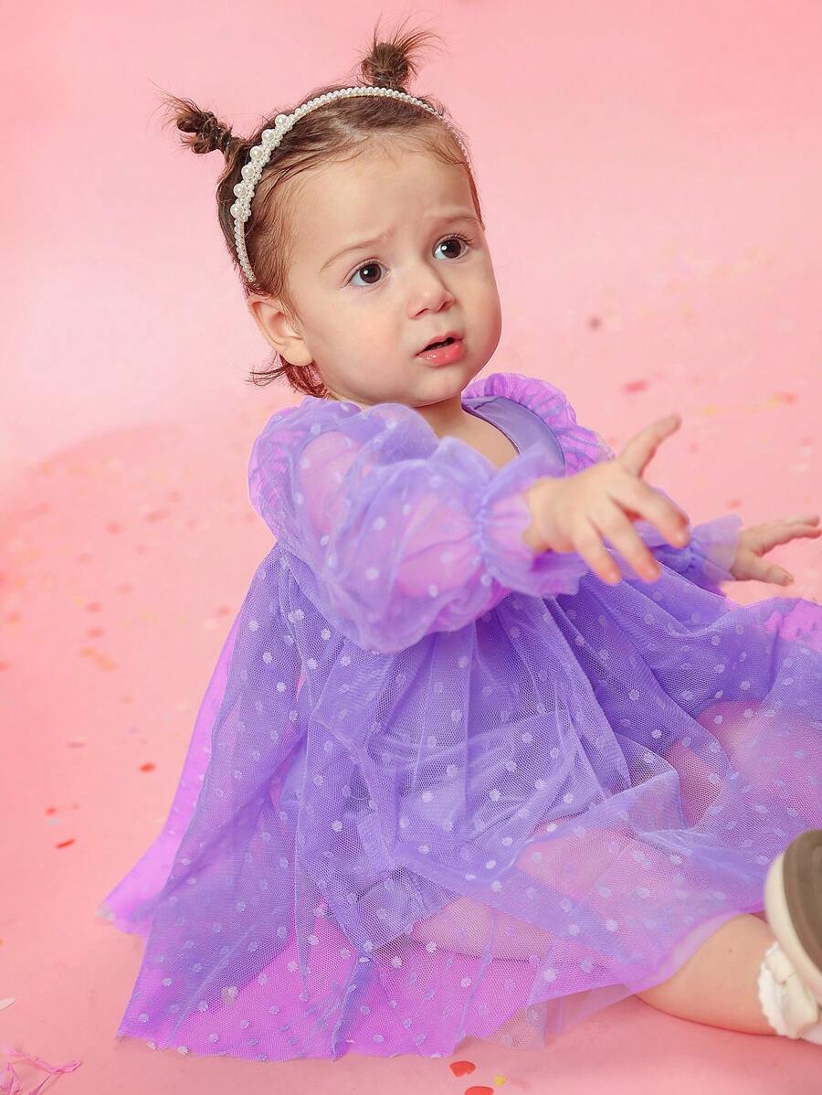 女婴 3D 刺绣蝴蝶结前褶边长袖波尔卡圆点提花网眼紫蝴蝶公主生日派对连衣裙，春/夏/秋季