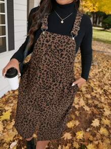 SHEIN LUNE 大码简约豹纹斜口袋休闲连衣长裙，感恩节连衣裙节日装 - 彩色 - 查看 6