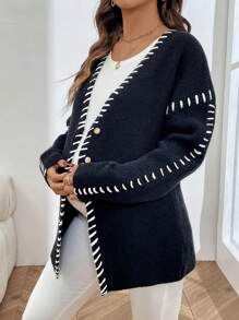 SHEIN Suéter de maternidad de frente abierto, tejido de invierno - Negro - Ver 5