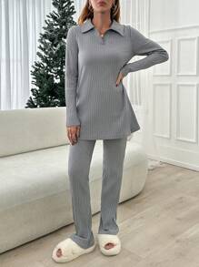 RueChic 罗纹针织高领长袖衬衫和高弹性腰裤休闲两件套服装