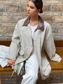 DAZY Women Regular Fit Contrast Color PU Collar Loose Jacket Fall,Winter Women Coats - Grey - View 2