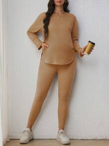 SHEIN 2pcs/Set Maternity Casual Commuter Solid Color Round Neck Asymmetric Hem Long Sleeve Top And Long Pants Set - Camel - View 5