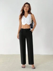 SHEIN PETITE Pantalones rectos lisos de uso casual y de oficina para mujeres