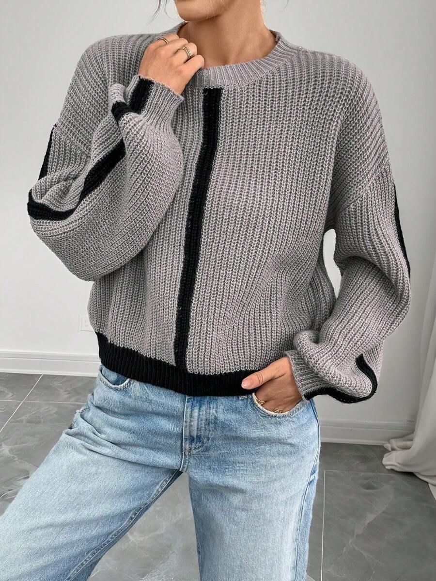 SHEIN LUNE Women Casual Color Block Round Neck Drop Shoulder Long Sleeve Knitted Loose Pullover Sweater, Fashionable Versatile For Autumn/Winter Fall - Grey - View 1