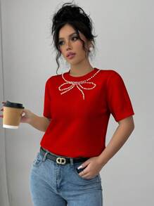 Selianne Áo len nơ trang trí ngọc trai giả cho nữ, cổ tròn tay ngắn thường ngày cho quần áo năm mới - Đỏ - Xem 7